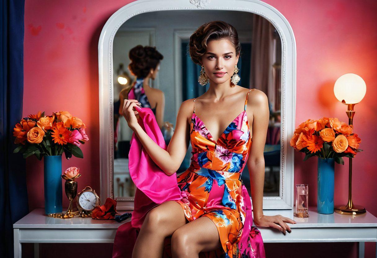 A stylish woman confidently showing off a playful, flirty outfit featuring a mix of bold colors and textures, surrounded by a mirror and fashion accessories. The background should include soft lighting and gentle floral elements to evoke a sense of sensuality and elegance. Emphasize the woman's playful pose and her sparkling smile, capturing the essence of embracing one's sensuality. vibrant colors. soft focus. elegant fashion illustration.