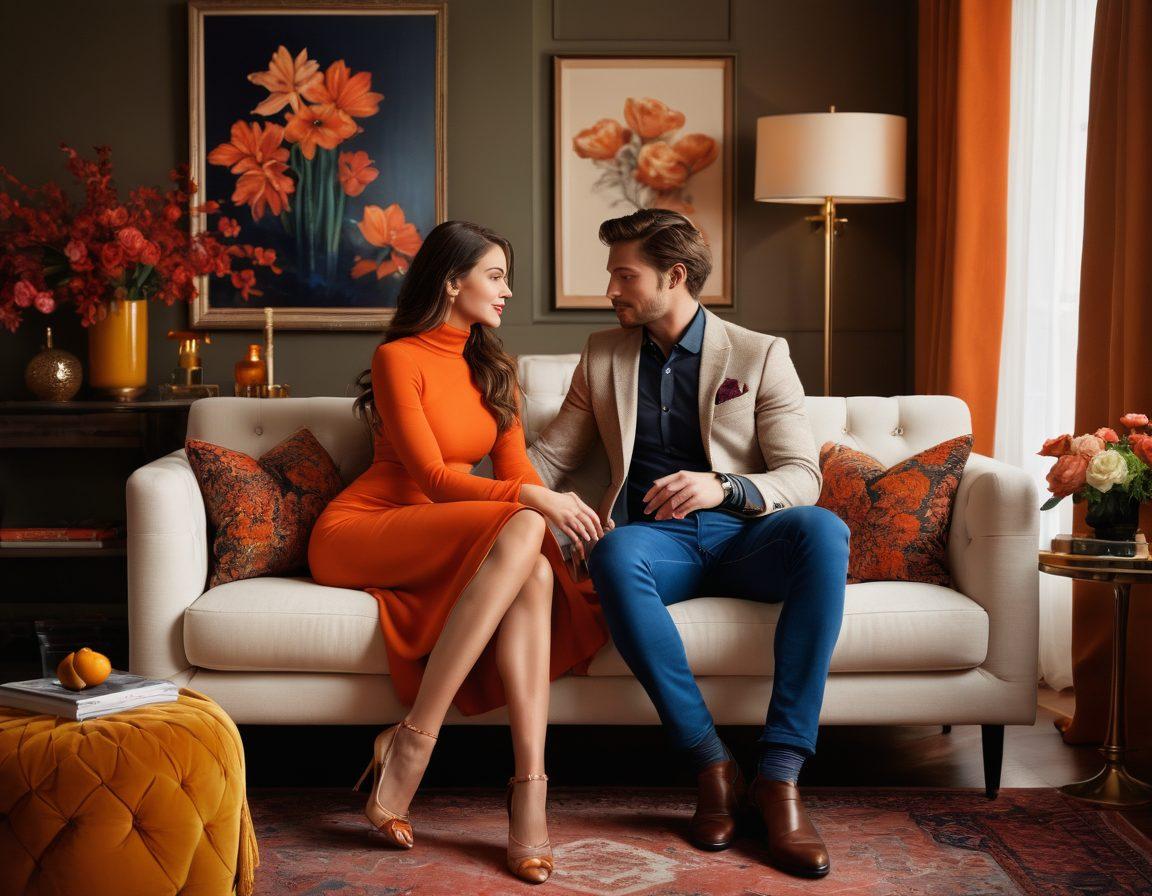A stylish couple in a cozy, warmly lit living room, showcasing sensual fashion choices, with seductive poses and flirty expressions. Surround them with soft textures, vibrant colors, and elegant accessories that embody a modern lifestyle. Include subtle romantic motifs like flowers and soft lighting for an inviting atmosphere. Capture the essence of intimacy and allure. super-realistic. vibrant colors. warm tones.