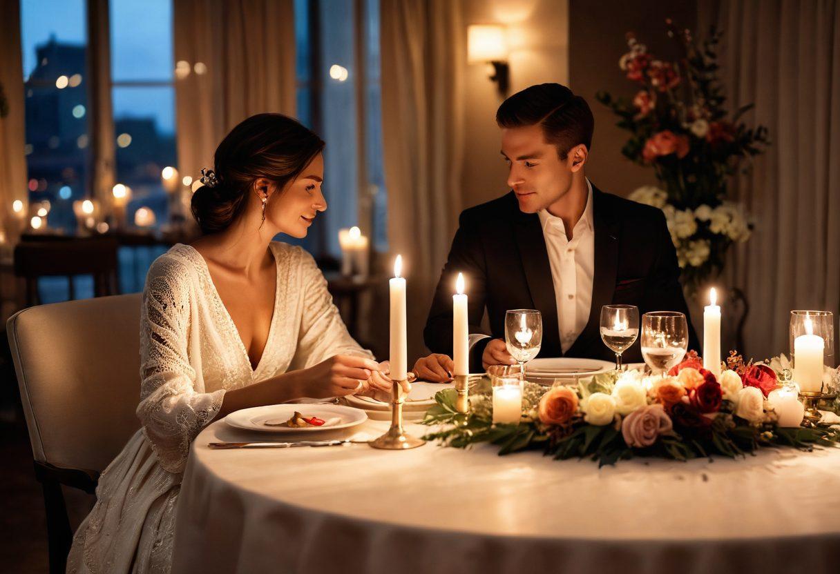 An intimate, cozy setting featuring a stylish couple enjoying a warm candlelit dinner, surrounded by soft fabrics and gentle lighting, symbolizing connection and warmth. Their attire is elegant yet relaxed, showcasing personal style that reflects their personalities. A beautifully set table with flowers enhances the romantic atmosphere, suggesting intimacy and closeness. super-realistic. warm colors. soft focus.